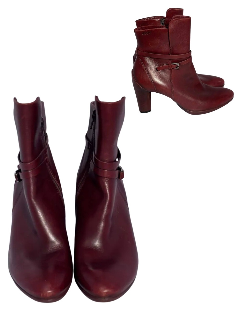 Ecco | Sculptured Burgundy Boots Ankle Bootie Side Zip Block Heels | Size 9.5